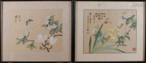 Two ancient Chinese works on silk. Signed. Floral