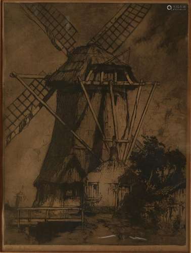 AJ van 't Hoff. 1893-1939. Mill at Veere. Etching on