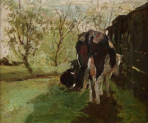 Hague School. Two cows at trees. Oil paint on linen.