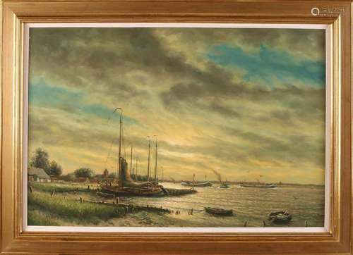 HJ Wijngaard. 1922 - 2012. IJssel face at evening. Oil