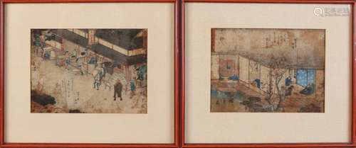 Two antique autographed Japanese woodcuts in table.