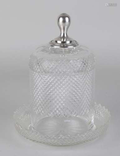 Crystal biscuit box on saucer with lid with silver
