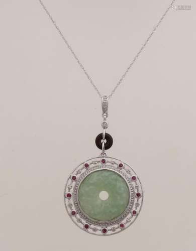 White gold pendant, 585/000, with jade, ruby and