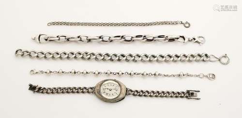 Lot with four silver bracelets and a silver watch,