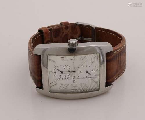 Guess watch, steel, with rectangular case and brown