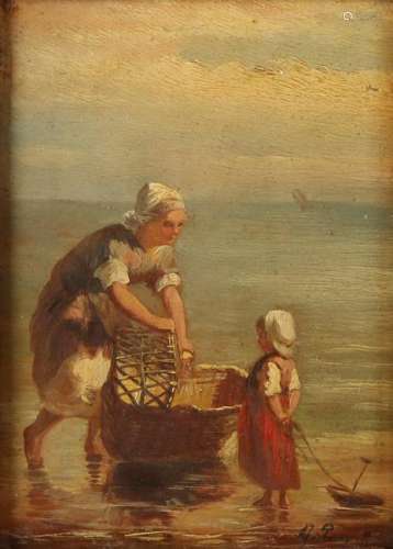 AJ van Prooyen. 1834 - 1898. Mother and child on beach.