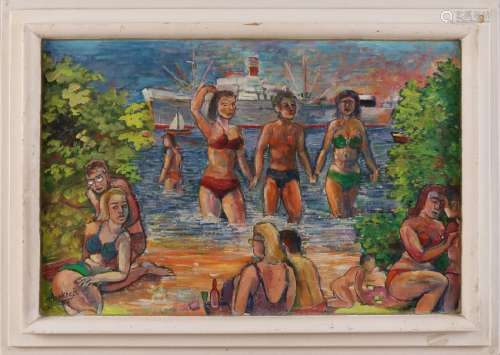 M. Boekholt '69. Beach face with figures. Oil paint on