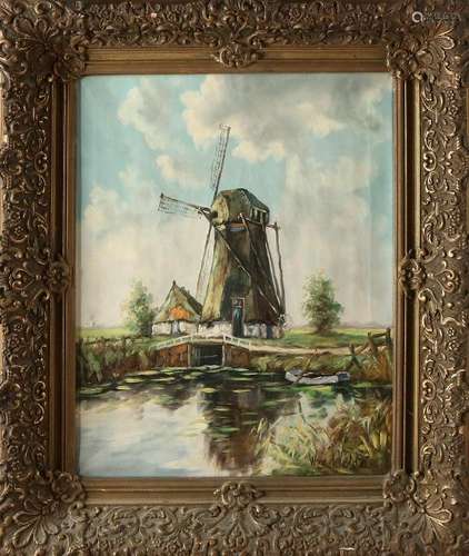 W. vd Field. Circa 1950. Windmill on the water. Oil