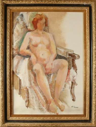 Russian School. Kyrillic. Female nude in chair. Oil