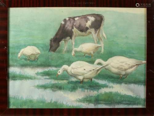 Evert Rabbers. 1875 - 1967 Enschede. Geese and cow in