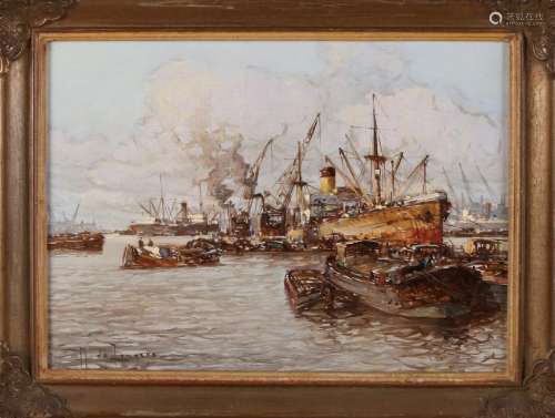 M. de Jongere. 1912 - 1978. Rotterdam harbor view. Oil