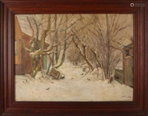 JPC van Os. 1869 - 1944. Snowy landscape with farmers