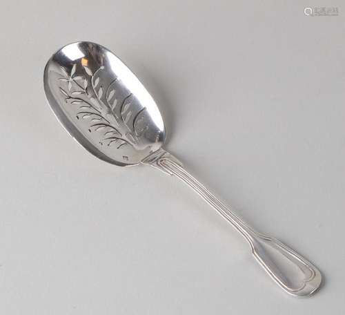 Silver sprinkle spoon with oval floral open-cut bowl,