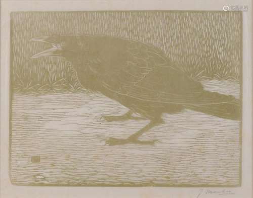 Jan Mankes. Hand signed. 1889 - 1920. Crow. Woodcut on