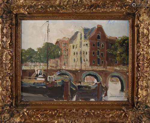 Jan Kelderman. 1914 - 1990. Canal Amsterdam. Oil paint