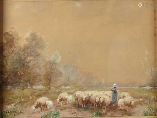 Martinus Nefkens. 1866-1941. Shepherdess with sheep.