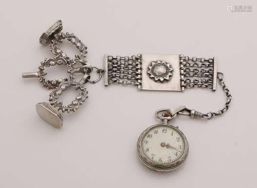 Silver chatelaine with signets and watch, 833/000.