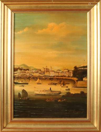 Pongioing. Chinese School. Harbor view with ships. Oil