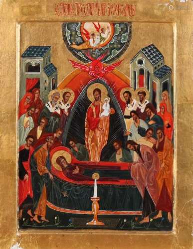 Greek hand-painted icon with gold leaf. 20th century.