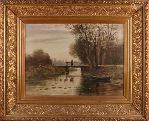 H. Koster? Circa 1900. Landscape with figure and ducks.