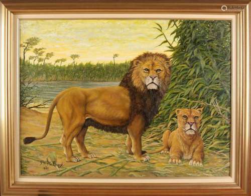P.WJ. v / d Broek. Lions couple in landscape. Oil paint