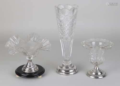 Crystal vase, bonbonniere and cup with silver base.