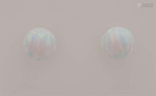 Yellow gold ear studs, 585/000, white opal balls, ø