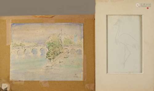 Two works on paper. Watercolor, Seine Paris, monogram Q