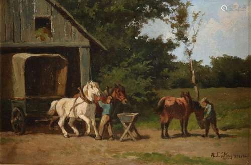 HC Bogman. 1861-1921. Horse feeding place with figures.