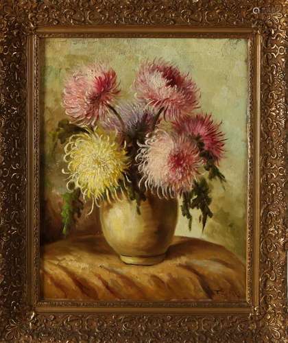 Tilly Moes. 1899 - 1979. Vase with Flowers. Oil paint