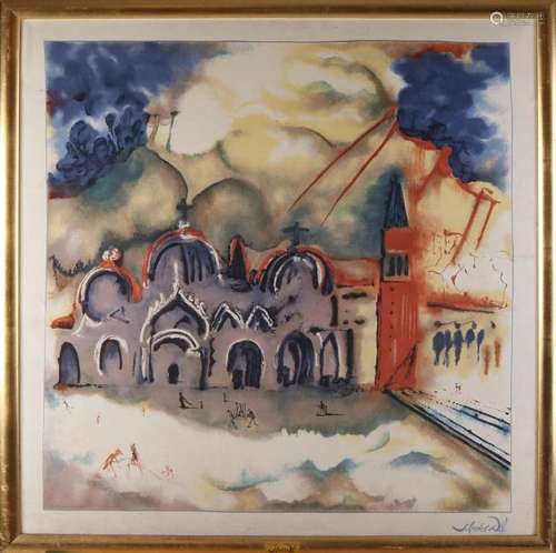 Salvador Dali. Silk print. Romanesque church with