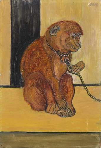 Unsigned. 20th century. Monkey on chain. Oil paint on