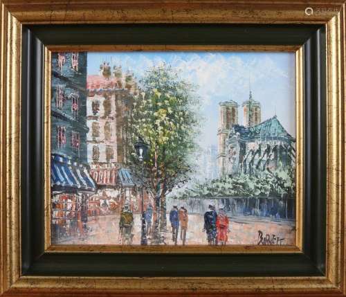 Burnett. Paris' cityscape with figures. Oil paint on
