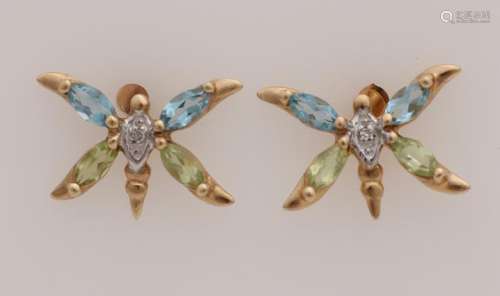 Ear studs, 416/000, set with blue topaz, peridot and