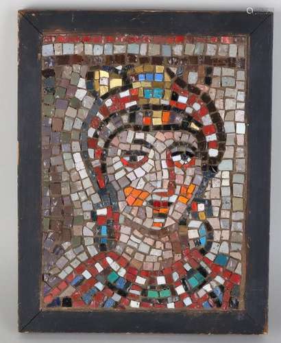 Old mosaic portrait in wooden table. Greek lady. 20th