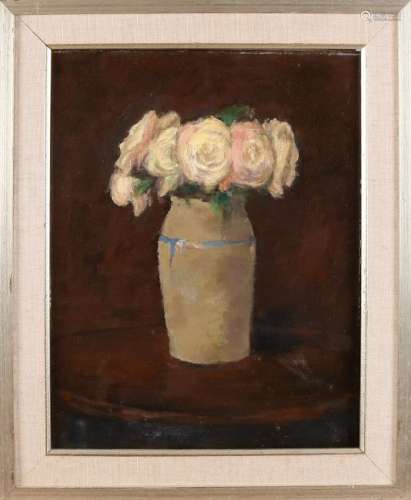 Meinert Volkers. 1927 - 2000. Jar with white roses. Oil