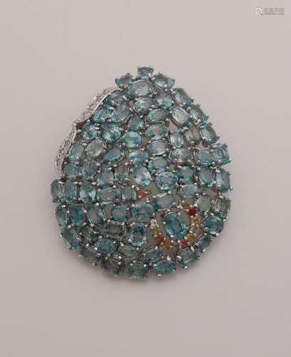 Large pear-shaped silver brooch, 925/000, set with