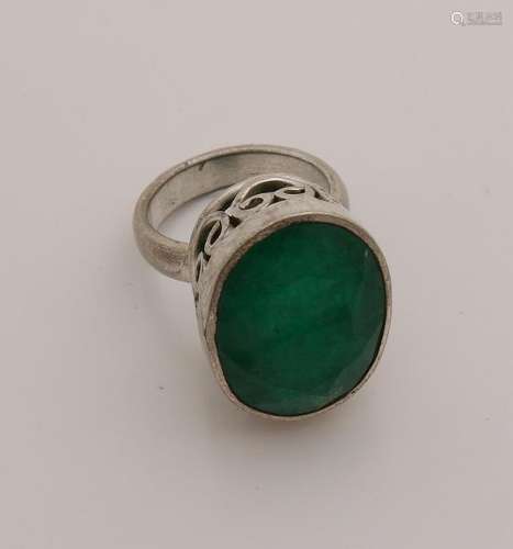 Silver ring, 925/000, with large oval green stone.