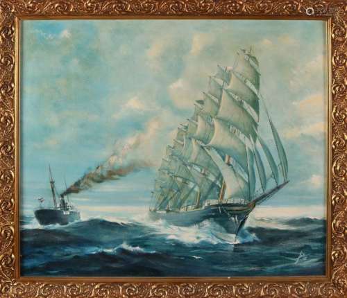 J. Smit '86. Dutch three-master and steamer at sea. Oil