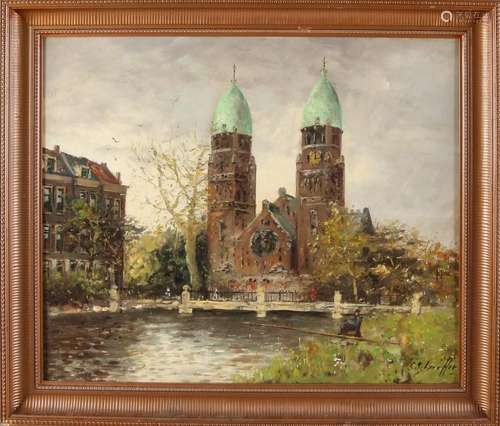 Siem Schaeffer. 1924 - 2005. Cityscape church. Oil