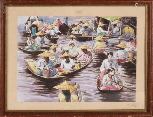 Unsigned. Oriental figures in boats. Watercolor on