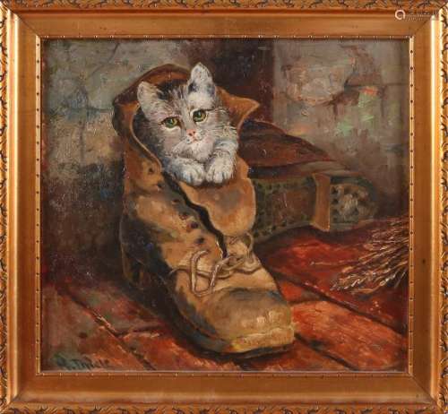 H. Thiele. German School. Kitten in old shoe. Oil paint
