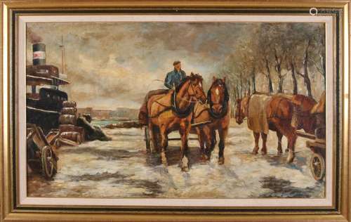 Unsigned. Circa 1920. Wintry harbor view with horse