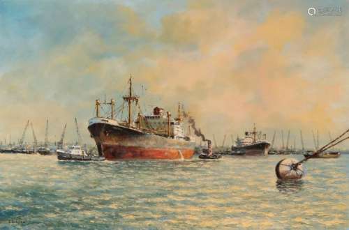 L. Scheen. 20th century. Harbor view Rotterdam. Oil