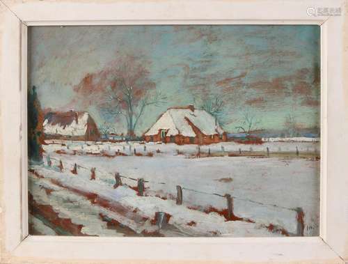 Monogram HB Circa 1900. Wintry landscape with farm. Oil