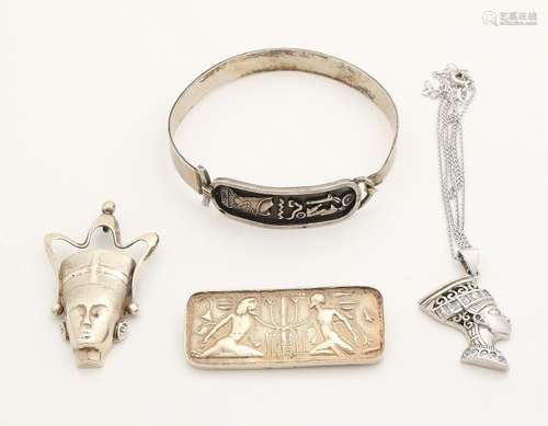 Four silver jewelry Egypt, a clamp bracelet with