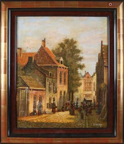 Windaus. 20th century. Cityscape with many figures. Oil