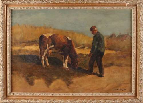 Fedor van Kregten. 1871-1937. Farmer at calf. Oil paint