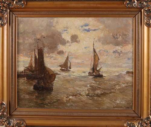 German Grobe. 1857-1938. Ships at port mouth. Oil paint