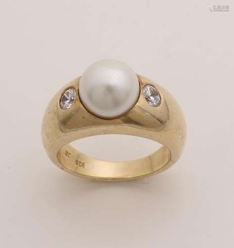 Coarse gold on silver ring, 925/000, with pearl and